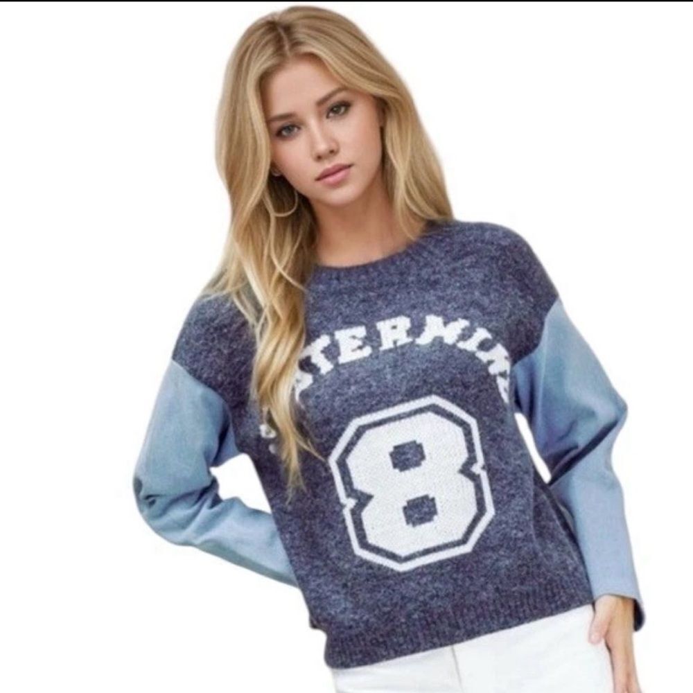 Davi and Dani Gray and Blue “Mastermind” sweater with denim sleeves